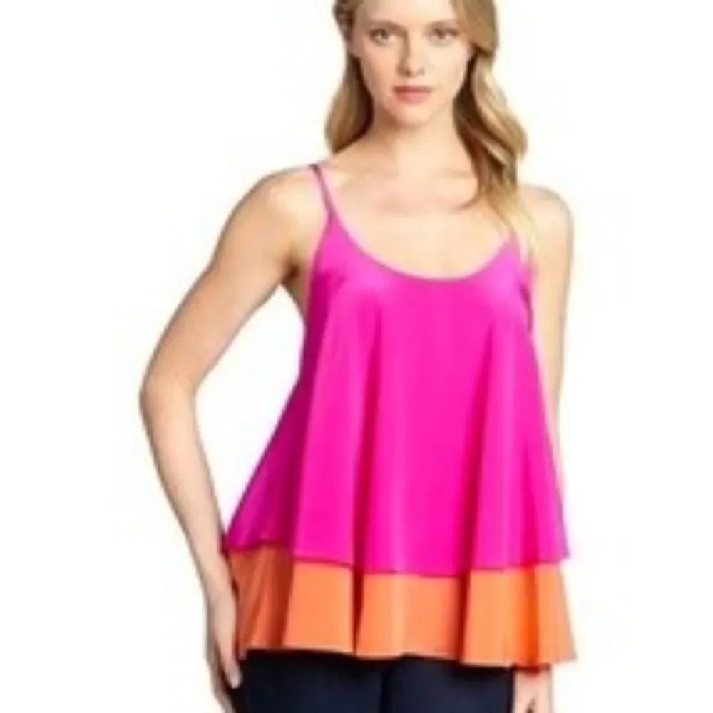 Jay Godfrey Hot Pink And Coral Silk Colorblock Tiered Tank Blouse Size 4.Armpit